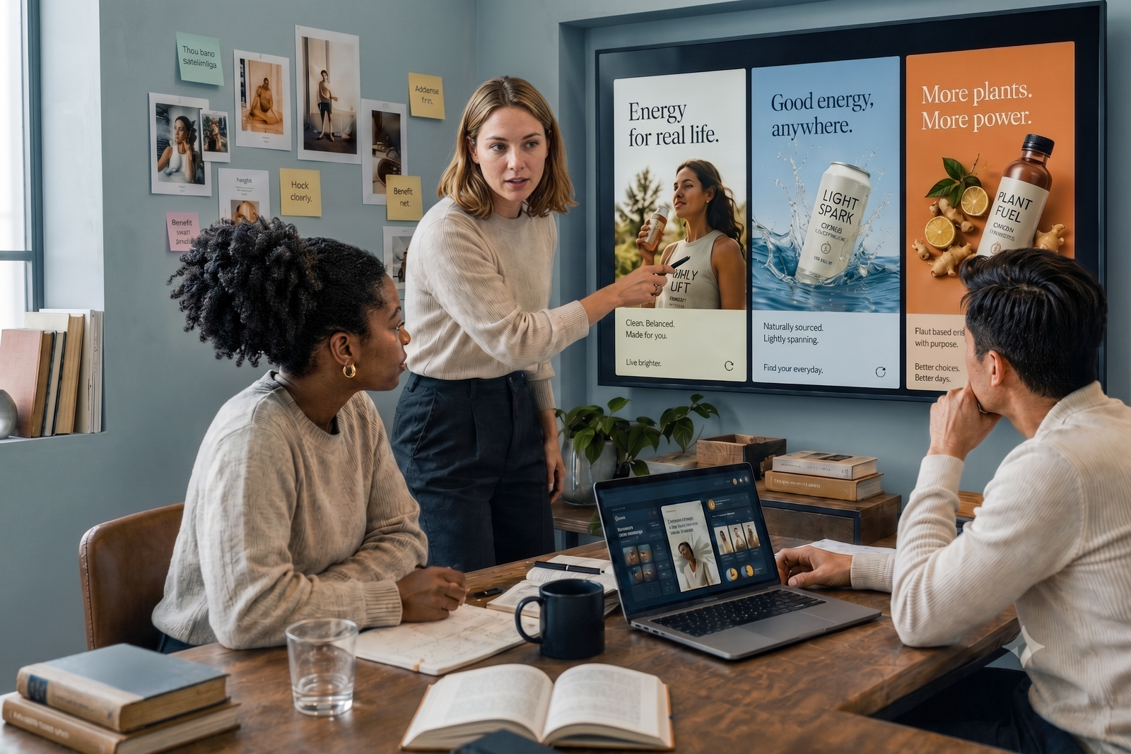 A creative team reviewing three campaign concepts on a wall display